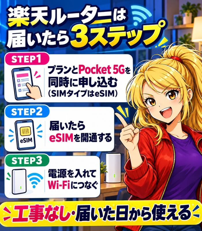 楽天モバイルのルーターは届いたら3ステップ（プランとPocket 5Gを同時に申し込む・eSIMを開通・Wi-Fiにつなぐ）