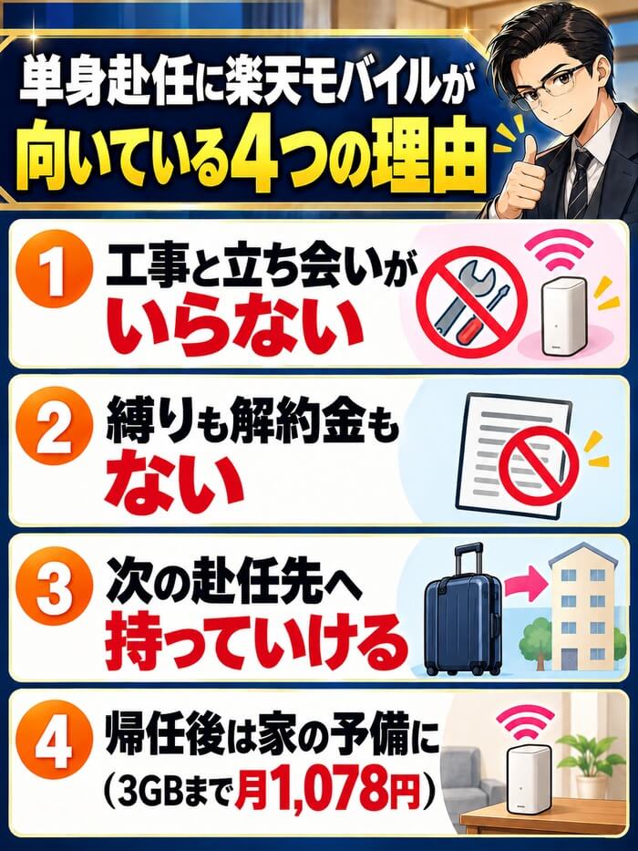 単身赴任に楽天モバイルが向いている4つの理由（工事と立ち会いがいらない・縛りも解約金もない・次の赴任先へ持っていける・帰任後は家の予備に）