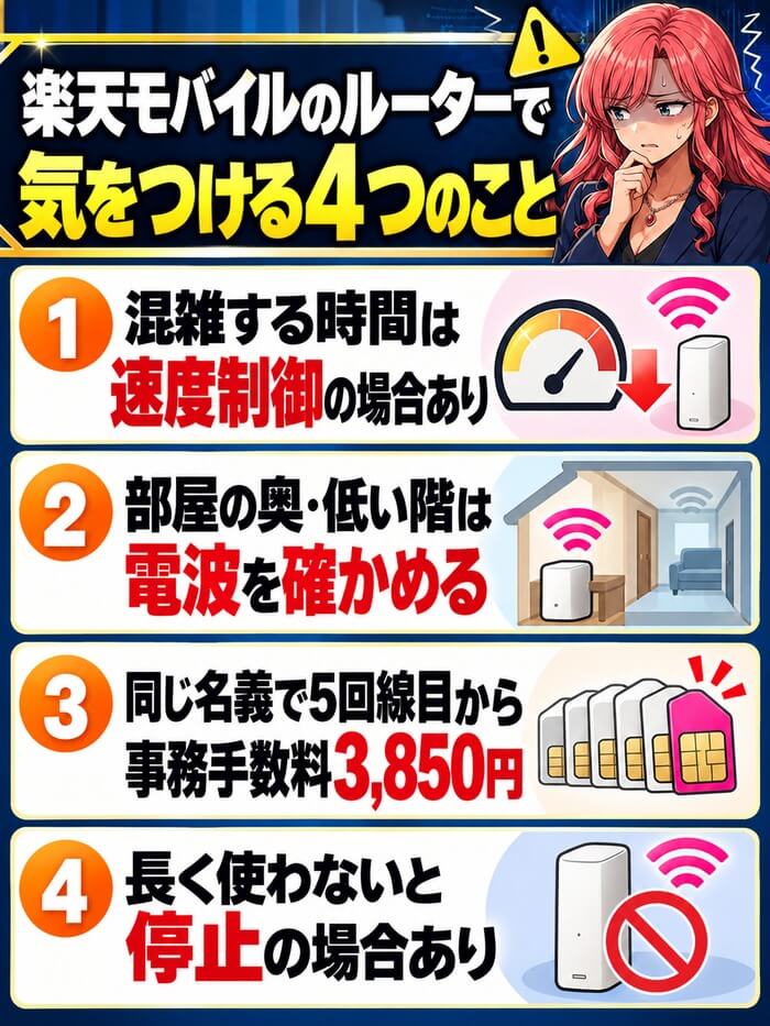 楽天モバイルのルーターで気をつける4つのこと（混雑時の速度制御・部屋の奥の電波・5回線目からの事務手数料3,850円・長く使わないと停止の場合あり）