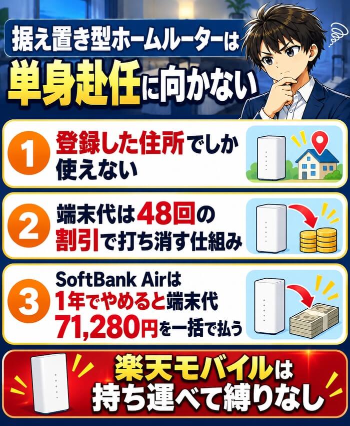 据え置き型ホームルーターは単身赴任に向かない（登録した住所でしか使えない・端末代は48回の割引で打ち消す・SoftBank Airは1年でやめると端末代71,280円を一括）