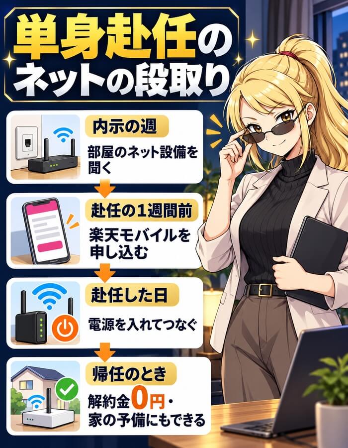 単身赴任のネットの段取り（内示の週に部屋の設備を聞く・赴任の1週間前に楽天モバイルを申し込む・赴任した日に電源を入れる・帰任のときは解約金0円）