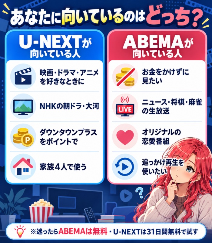 U-NEXTが向いている人とABEMAが向いている人