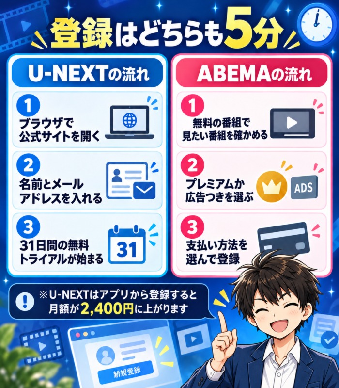 U-NEXTとABEMAの登録の流れ