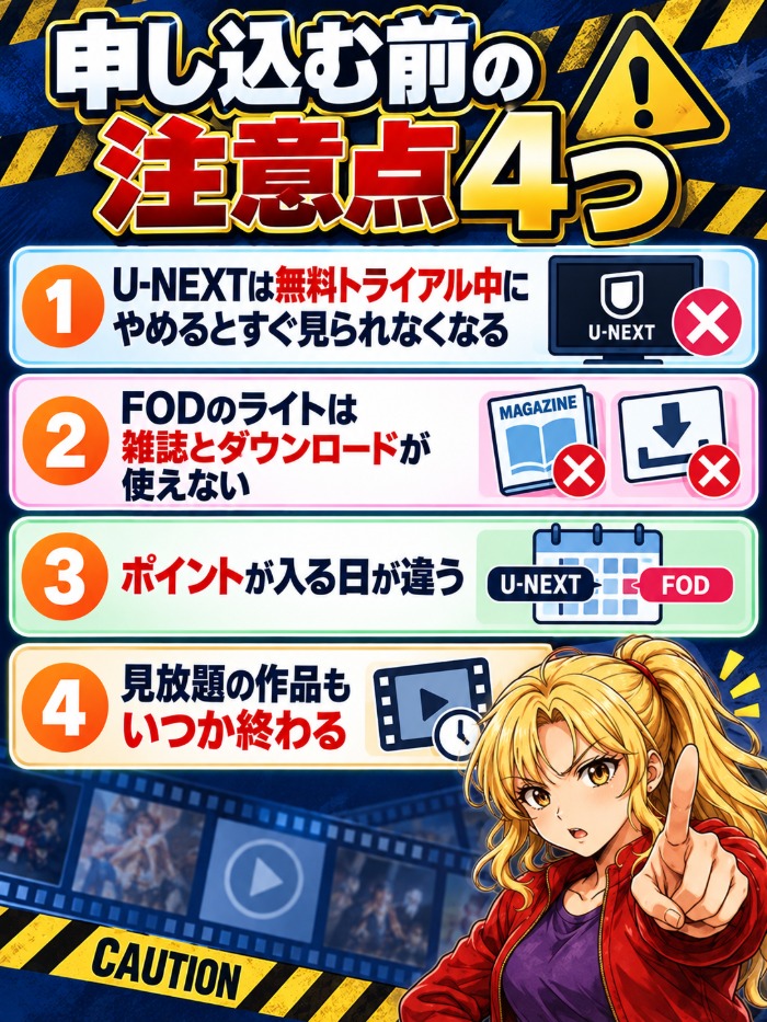 申し込む前の注意点4つ(U-NEXTは無料トライアル中にやめるとすぐ見られない・FODのライトは雑誌とダウンロード不可・ポイントが入る日が違う・見放題もいつか終わる)