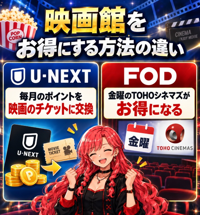 映画館をお得にする方法の違い(U-NEXTは毎月のポイントを映画のチケットに交換、FODは金曜のTOHOシネマズがお得)