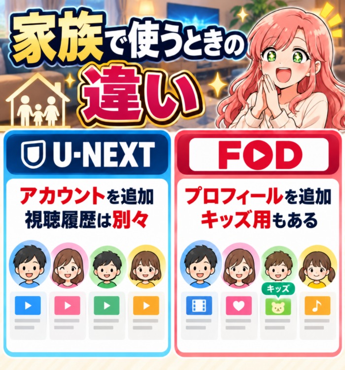 家族で使うときの違い(U-NEXTはアカウントを追加して視聴履歴は別々、FODはプロフィールを追加してキッズ用もある)