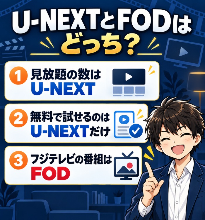 U-NEXTとFODはどっち?(見放題の数はU-NEXT・無料で試せるのはU-NEXTだけ・フジテレビの番組はFOD)