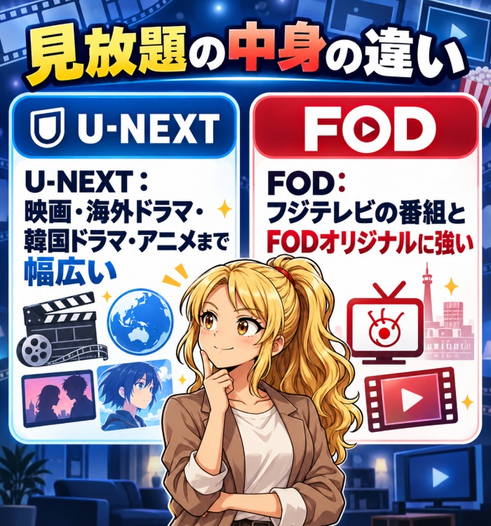 見放題の中身の違い(U-NEXTは映画・海外ドラマ・韓国ドラマ・アニメまで幅広い、FODはフジテレビの番組とFODオリジナルに強い)