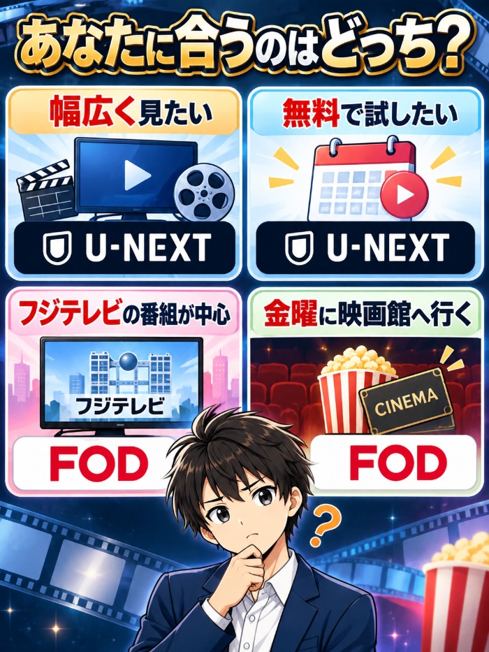 あなたに合うのはどっち?幅広く見たい・無料で試したいならU-NEXT、フジテレビの番組が中心・金曜に映画館へ行くならFOD