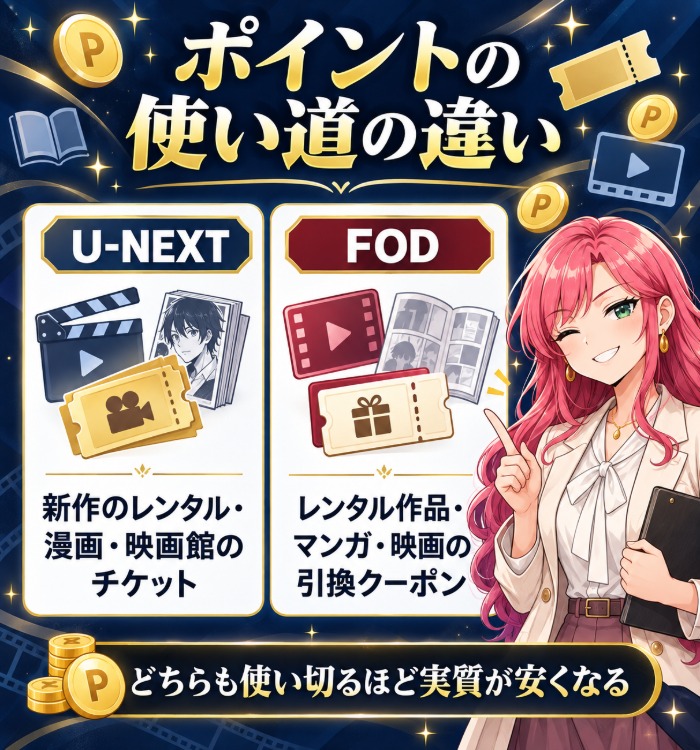 ポイントの使い道の違い(U-NEXTは新作のレンタル・漫画・映画館のチケット、FODはレンタル作品・マンガ・映画の引換クーポン)
