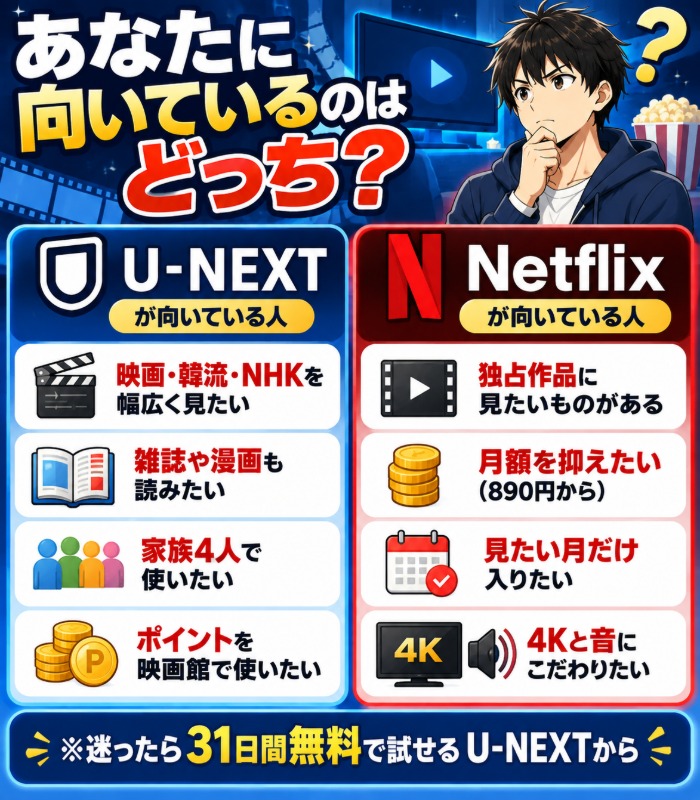 U-NEXTが向いている人とNetflixが向いている人