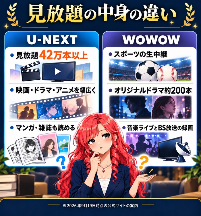 U-NEXTとWOWOWの見放題の中身の違いの図解