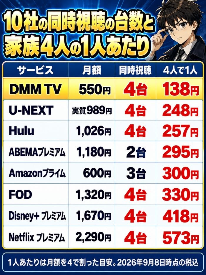 DMM TV 550円4台138円、U-NEXT実質989円4台248円、Hulu1,026円4台257円、ABEMA1,180円2台295円、Amazonプライム600円3台300円、FOD1,320円4台330円、Disney+プレミアム1,670円4台418円、Netflixプレミアム2,290円4台573円
