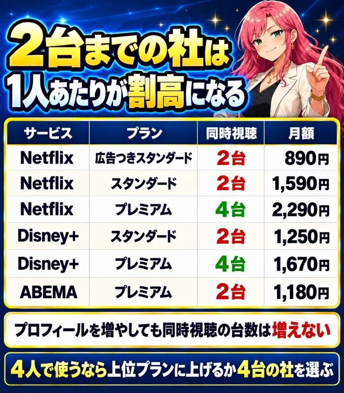 Netflixの広告つきスタンダードとスタンダードは2台、プレミアムは4台。Disney+スタンダードは2台、プレミアムは4台。ABEMAプレミアムは2台