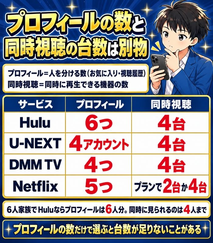 Huluはプロフィール6つで同時視聴4台、U-NEXTは4アカウントで4台、DMM TVは4つで4台、Netflixは5つでプランにより2台か4台