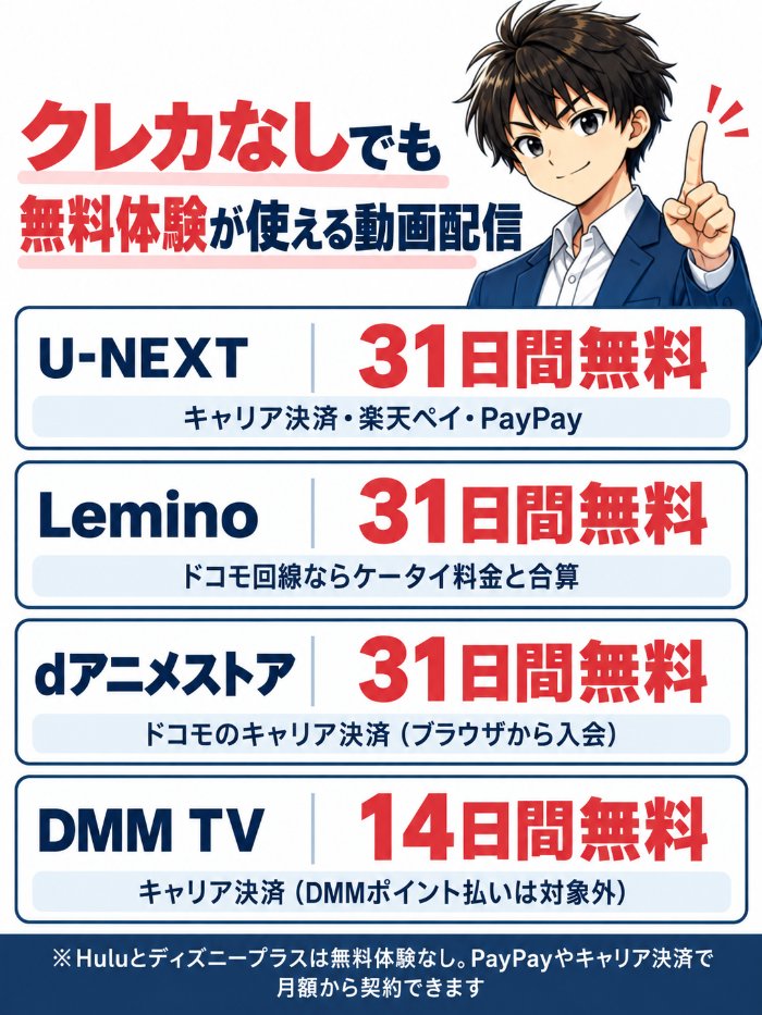 クレカなしでも無料体験が使える動画配信。U-NEXTは31日間無料でキャリア決済・楽天ペイ・PayPay、Leminoは31日間無料でドコモ回線ならケータイ料金と合算、dアニメストアは31日間無料でドコモのキャリア決済(ブラウザから入会)、DMM TVは14日間無料でキャリア決済(DMMポイント払いは対象外)。Huluとディズニープラスは無料体験なし