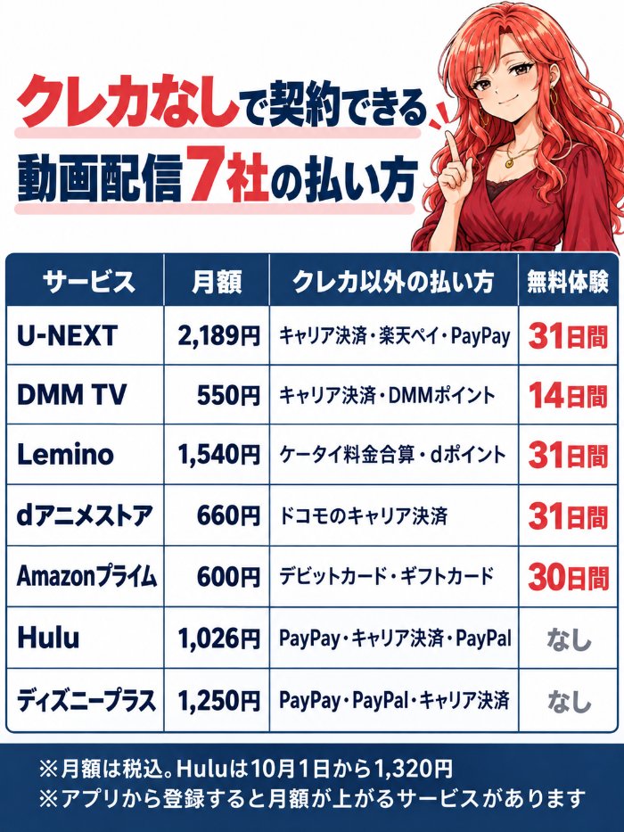 クレカなしで契約できる動画配信7社の月額・クレカ以外の払い方・無料体験を並べた表