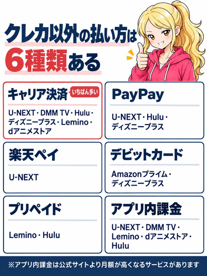 クレジットカード以外の払い方6種類(キャリア決済・PayPay・楽天ペイ・デビットカード・プリペイド・アプリ内課金)と使えるサービス