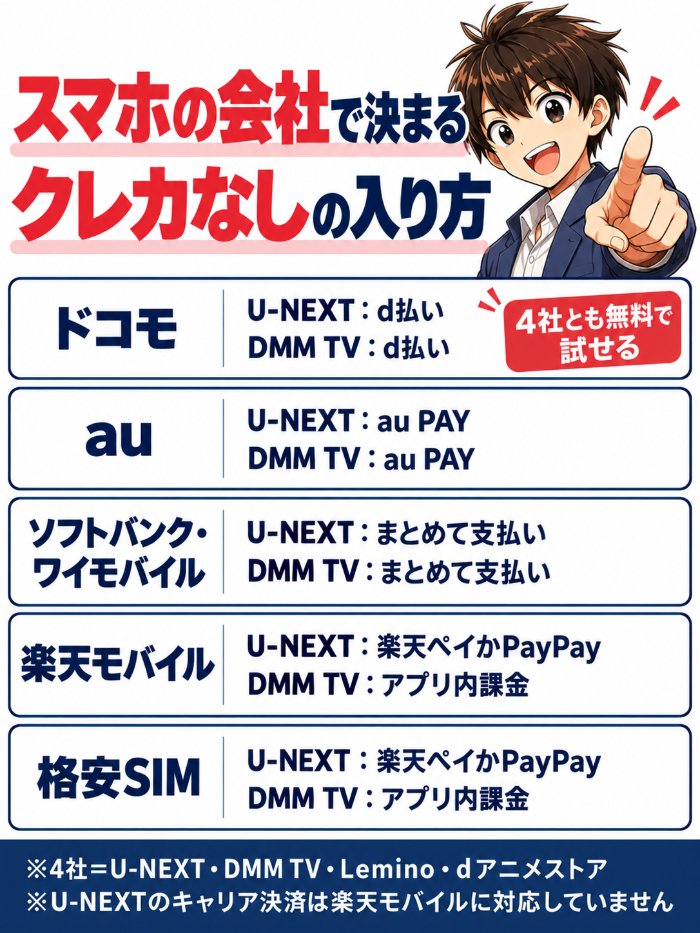 使っているスマホの会社別に、クレカなしでU-NEXTとDMM TVに入る払い方を示した図