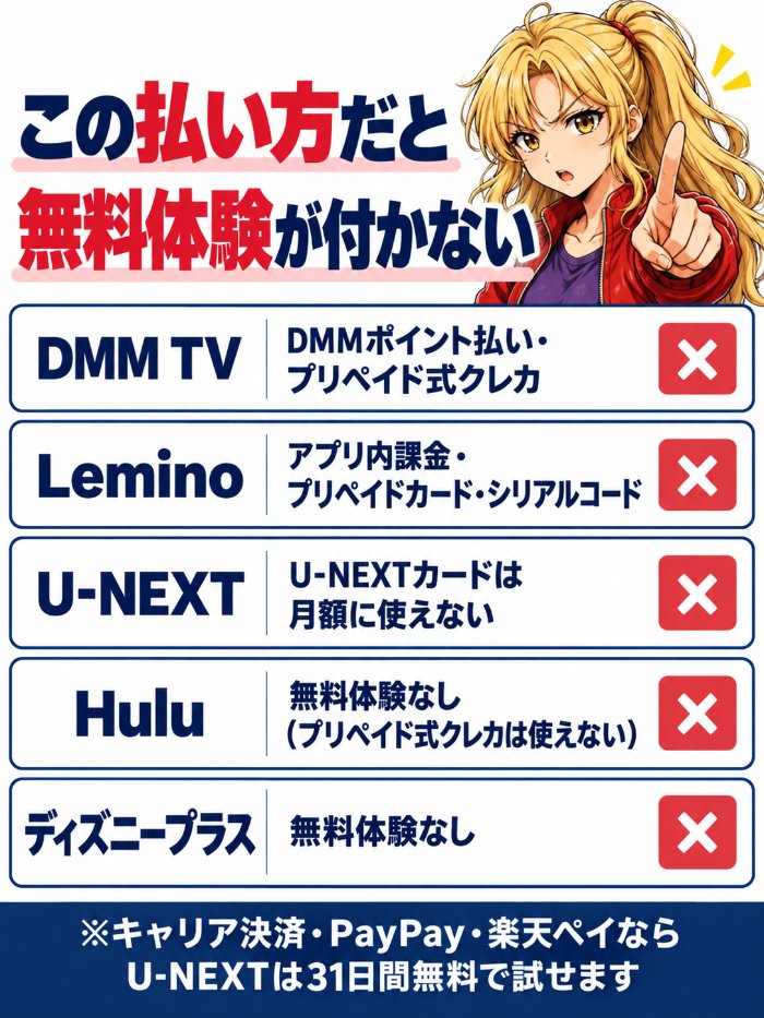 無料体験が付かない払い方。DMM TVはDMMポイント払いとプリペイド式クレカ、Leminoはアプリ内課金とプリペイドカードとシリアルコード、U-NEXTカードは月額に使えない、Huluとディズニープラスは無料体験なし