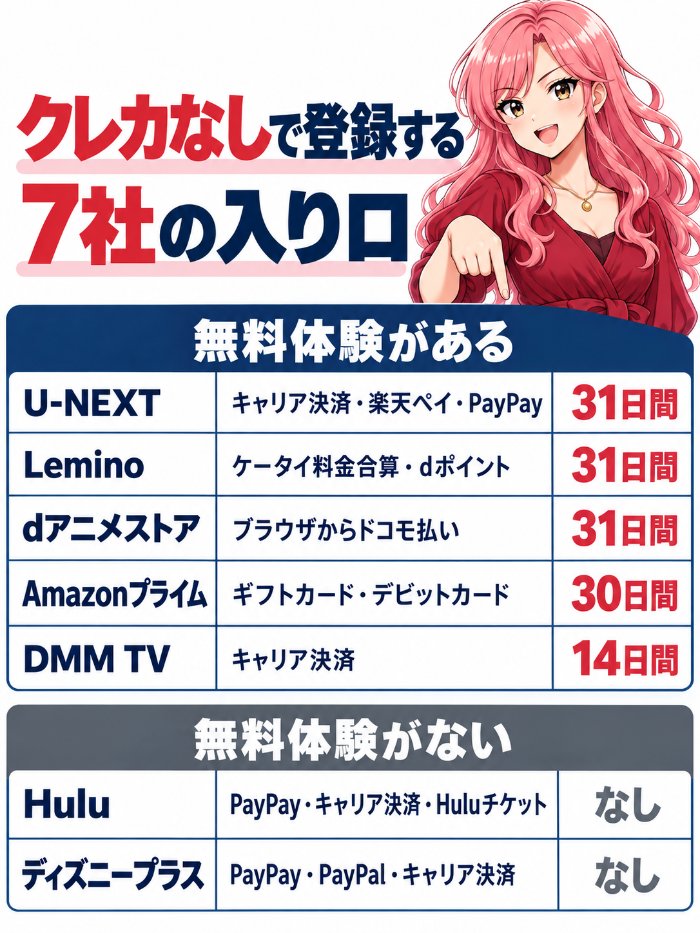 クレカなしで登録する7社の入り口。無料体験があるのはU-NEXT(キャリア決済・楽天ペイ・PayPayで31日間)・Lemino(ケータイ料金合算・dポイントで31日間)・dアニメストア(ブラウザからドコモ払いで31日間)・Amazonプライム(ギフトカード・デビットカードで30日間)・DMM TV(キャリア決済で14日間)、無料体験がないのはHuluとディズニープラス