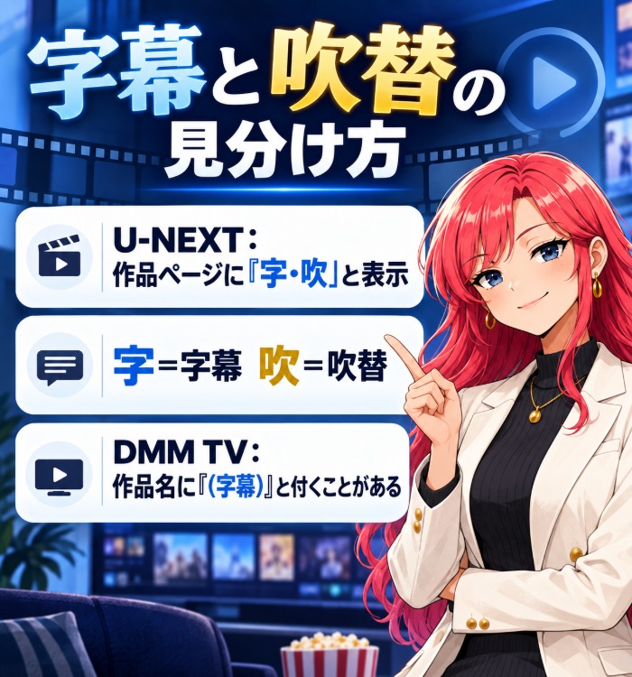 字幕と吹替の見分け方(U-NEXTは作品ページに字・吹と表示・DMM TVは作品名に字幕と付くことがある)