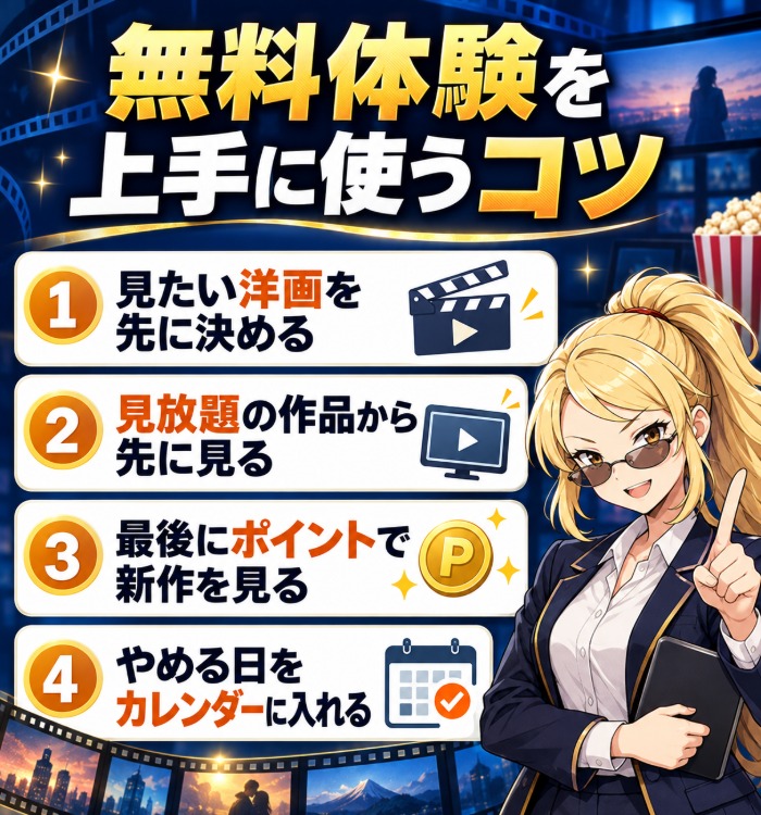 無料体験を上手に使うコツ4つ(見たい洋画を先に決める・見放題から先に見る・最後にポイントで新作・やめる日をカレンダーに入れる)