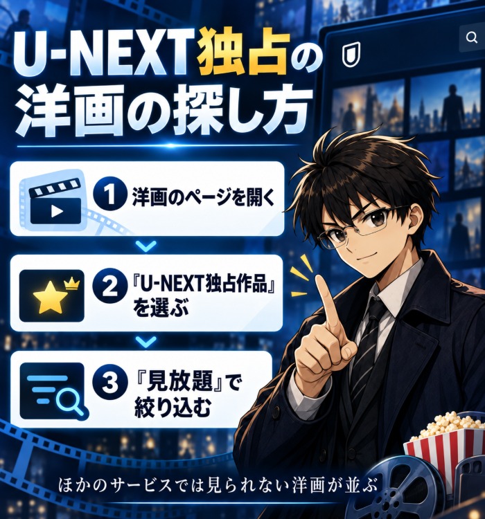 U-NEXT独占の洋画の探し方(洋画のページを開く・U-NEXT独占作品を選ぶ・見放題で絞り込む)