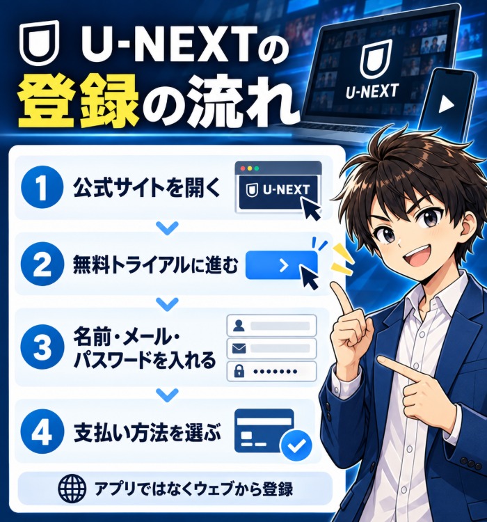 U-NEXTの登録の流れ(公式サイトを開く・無料トライアルに進む・名前とメールとパスワードを入れる・支払い方法を選ぶ)