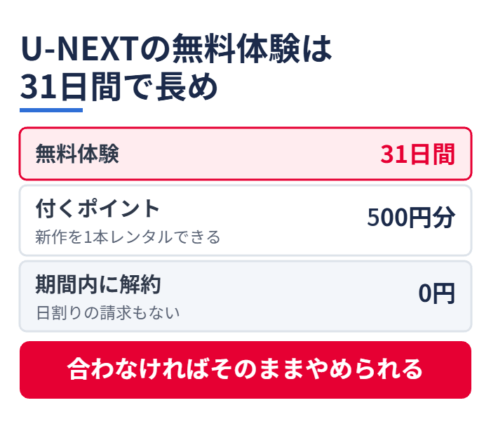 U-NEXTの無料体験は31日間で長め