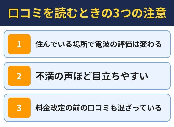 口コミを読むときの3つの注意。住んでいる場所で電波の評価は変わる、不満の声ほど目立ちやすい、料金改定の前の口コミも混ざっている