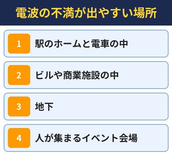 電波の不満が出やすい場所。駅のホームと電車の中、ビルや商業施設の中、地下、人が集まるイベント会場