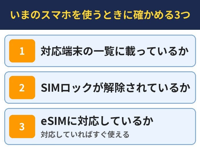いまのスマホを使うときに確かめる3つ。対応端末の一覧に載っているか、SIMロックが解除されているか、eSIMに対応しているか（対応していればすぐ使える）