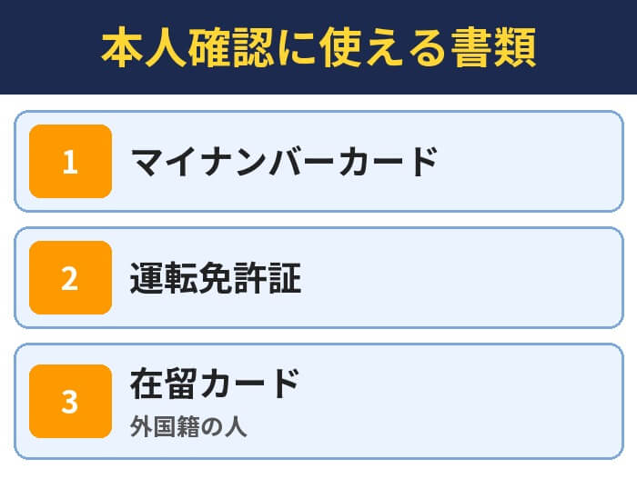 本人確認に使える書類。マイナンバーカード、運転免許証、在留カード（外国籍の人）