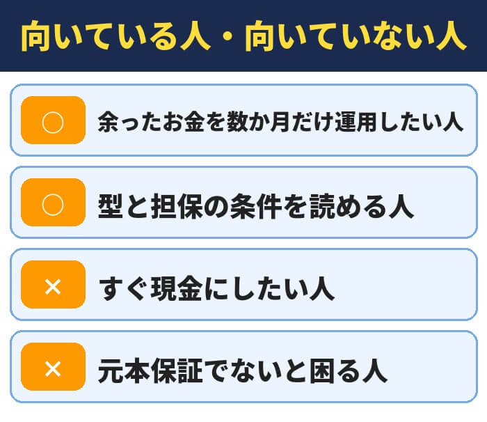 オルタナバンクが向いている人と向いていない人。余ったお金を数か月だけ運用したい人と条件を読める人は向いている、すぐ現金にしたい人と元本保証でないと困る人は向いていない