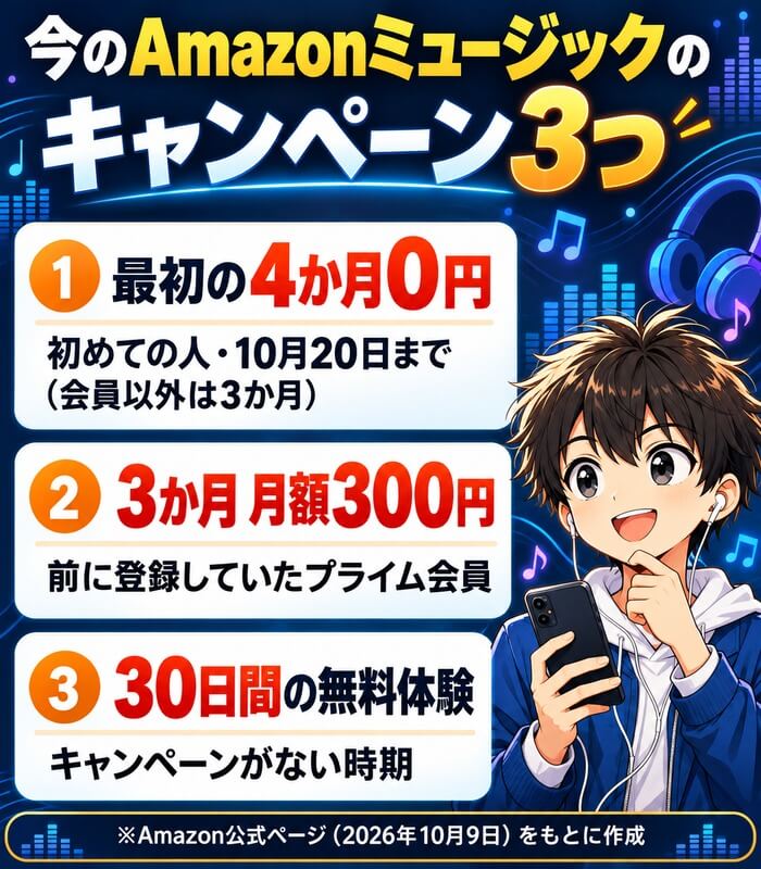 今のAmazonミュージックのキャンペーン3つ。初めての人は最初の4か月0円（会員以外は3か月・10月20日まで）、再登録のプライム会員は3か月 月額300円、キャンペーンがない時期は30日間の無料体験
