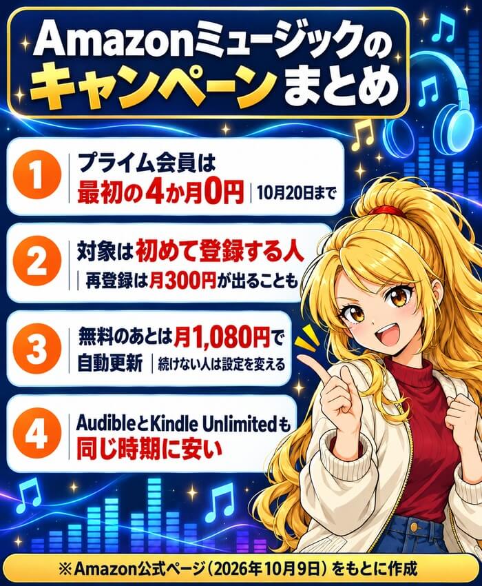 Amazonミュージックのキャンペーンのまとめ。プライム会員は最初の4か月0円、申し込みは10月20日まで、対象は初めて登録する人、無料のあとは月1,080円で自動更新