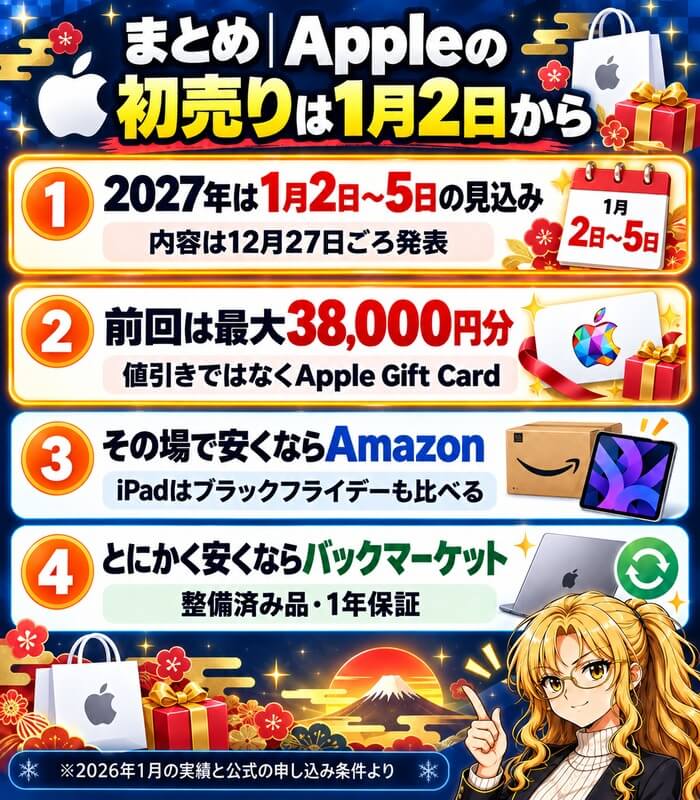 まとめ。2027年は1月2日〜5日の見込みで内容は12月27日ごろ発表、前回は最大38,000円分で値引きではなくApple Gift Card、その場で安くならAmazon、とにかく安くならバックマーケットの整備済み品