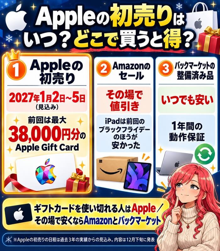 Appleの初売りはいつ？どこで買うと得？Appleの初売りは2027年1月2日〜5日の見込みで前回は最大38,000円分のApple Gift Card、Amazonのセールはその場で値引き、バックマーケットの整備済み品はいつでも安く1年間の動作保証