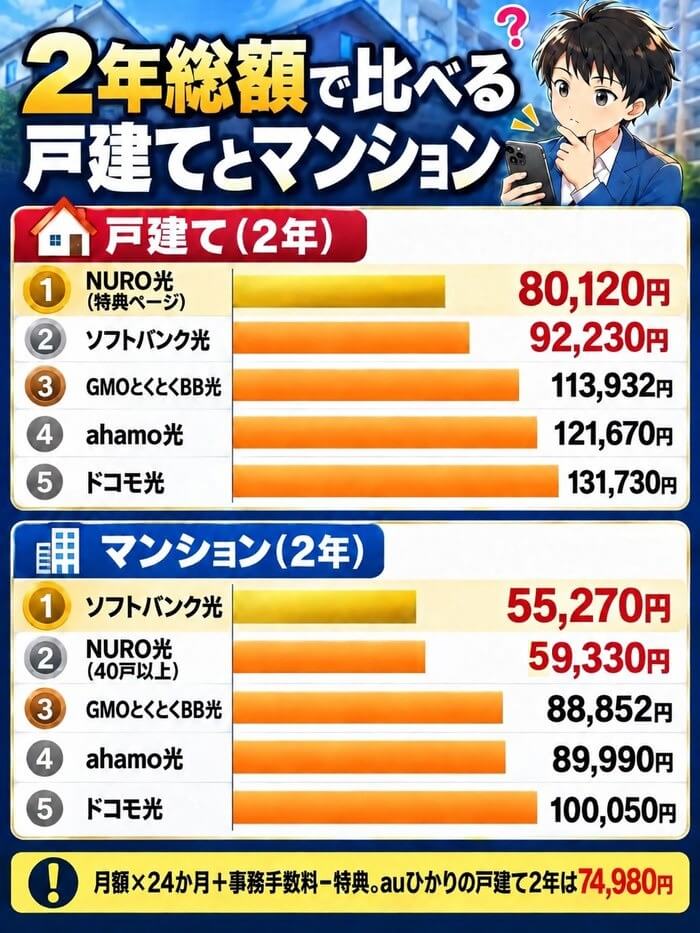 戸建て2年はNURO光80,120円・ソフトバンク光92,230円・GMOとくとくBB光113,932円・ahamo光121,670円・ドコモ光131,730円。マンション2年はソフトバンク光55,270円・NURO光59,330円・GMOとくとくBB光88,852円・ahamo光89,990円・ドコモ光100,050円
