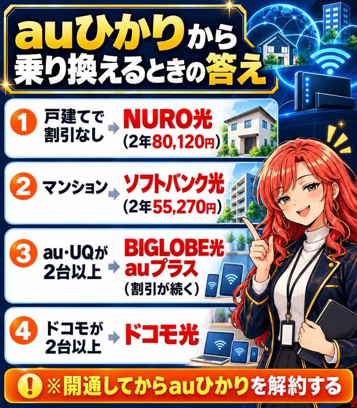 auひかりから乗り換えるときの答え。戸建てで割引なしはNURO光(2年80,120円)、マンションはソフトバンク光(2年55,270円)、au・UQが2台以上はBIGLOBE光 auプラス、ドコモが2台以上はドコモ光