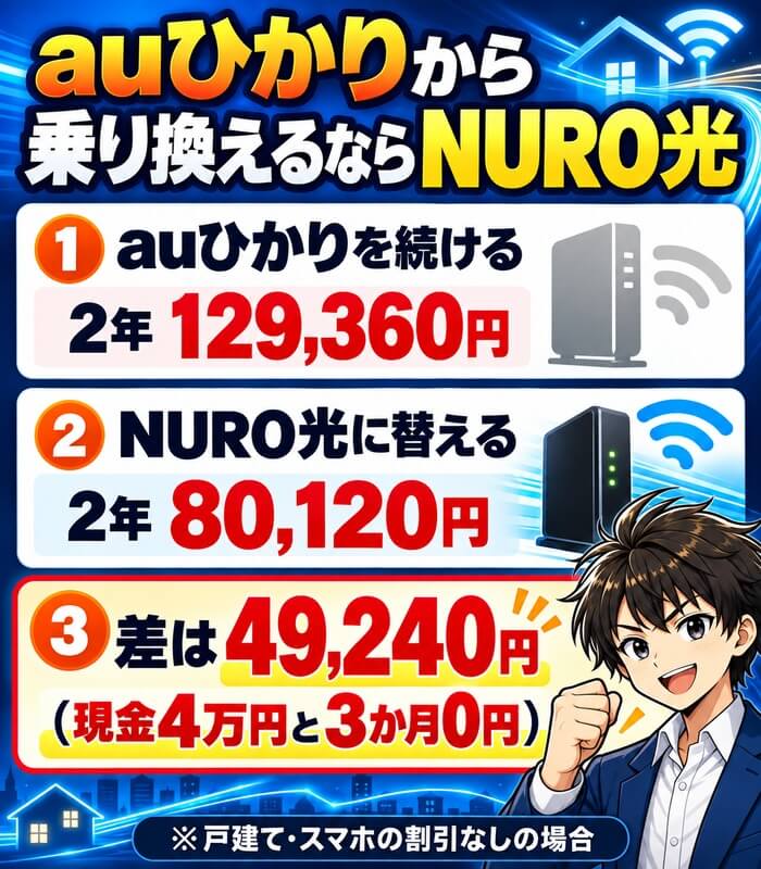 auひかりから乗り換えるならNURO光。auひかりを続けると2年129,360円、NURO光に替えると2年80,120円、差は49,240円(現金4万円と3か月0円)