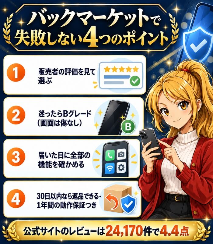 バックマーケットで失敗しない4つのポイント。販売者の評価を見て選ぶ、迷ったらBグレード（画面は傷なし）、届いた日に全部の機能を確かめる、30日以内なら返品できる・1年間の動作保証つき。公式サイトのレビューは24,170件で4.4点