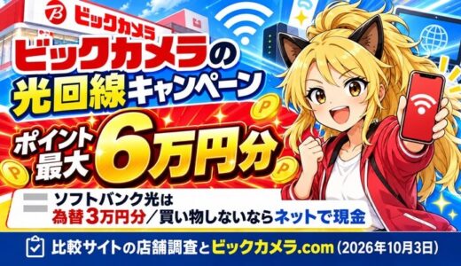 ビックカメラの光回線キャンペーンはポイント最大6万円分。ソフトバンク光は為替3万円分、買い物しないならネットで現金