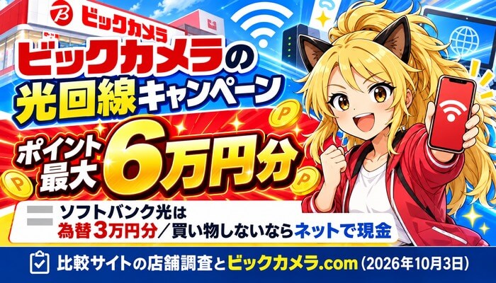 ビックカメラの光回線キャンペーンはポイント最大6万円分。ソフトバンク光は為替3万円分、買い物しないならネットで現金