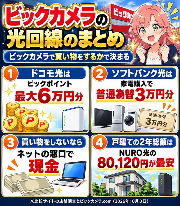 ビックカメラの光回線キャンペーンのまとめ。ドコモ光はビックポイント最大6万円分、ソフトバンク光は家電購入で普通為替3万円分、買い物をしないならネットの窓口で現金、戸建ての2年総額はNURO光の80,120円が最安