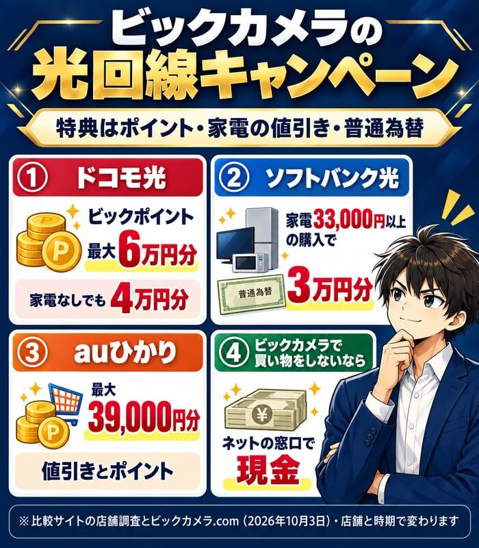 ビックカメラの光回線キャンペーン。ドコモ光はビックポイント最大6万円分、ソフトバンク光は家電購入で普通為替3万円分、auひかりは最大39,000円分。ビックカメラで買い物をしないならネットの窓口で現金
