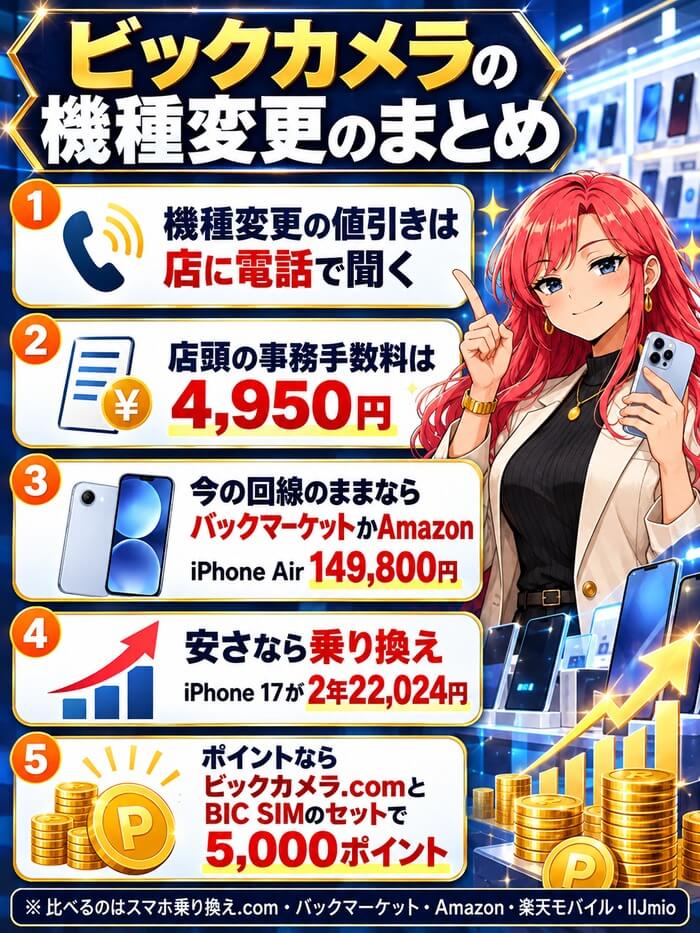 ビックカメラの機種変更のまとめ(値引きは店に電話・手数料4,950円・バックマーケットかAmazon・乗り換え・BIC SIMセットで5,000ポイント)