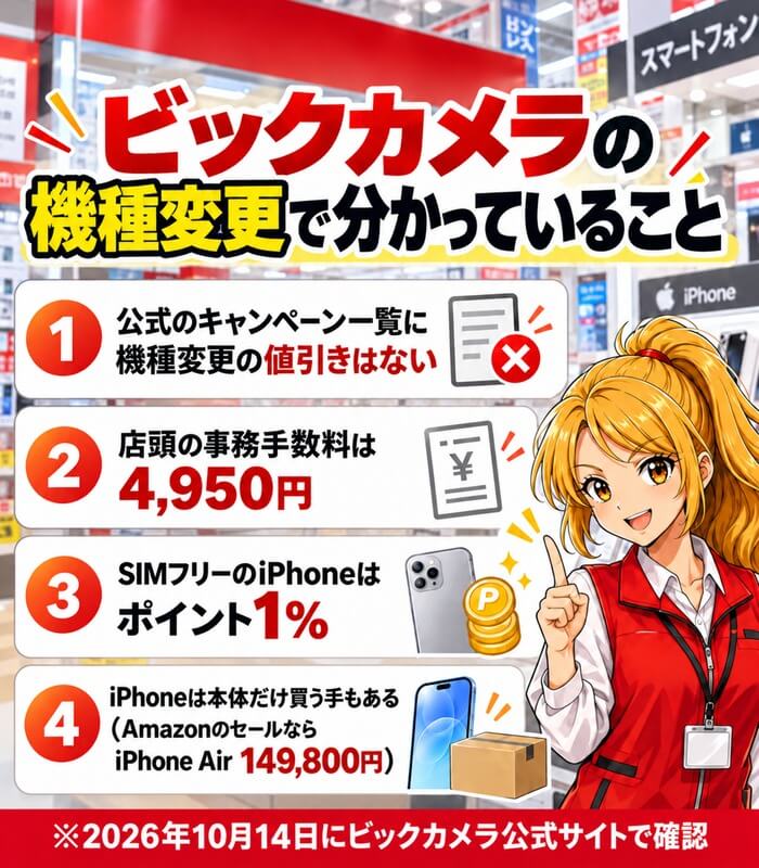 ビックカメラの機種変更で分かっていること|公式に機種変更の値引きはない・店頭の事務手数料4,950円・SIMフリーのiPhoneはポイント1%