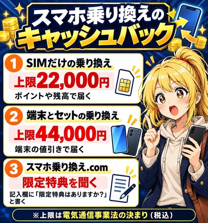スマホ乗り換えのキャッシュバック。SIMだけの乗り換えは上限22,000円でポイントや残高で届く、端末とセットの乗り換えは上限44,000円で端末の値引きで届く、スマホ乗り換え.comは記入欄で限定特典を聞く